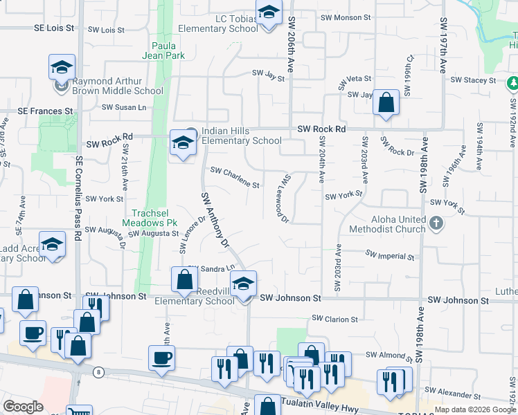 map of restaurants, bars, coffee shops, grocery stores, and more near 2105 Southwest 208th Avenue in Aloha