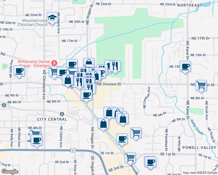map of restaurants, bars, coffee shops, grocery stores, and more near 2010 Northeast Division Street in Gresham