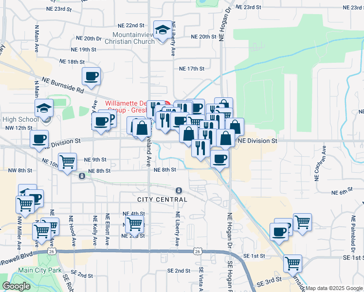 map of restaurants, bars, coffee shops, grocery stores, and more near 1480 Northeast Burnside Road in Gresham