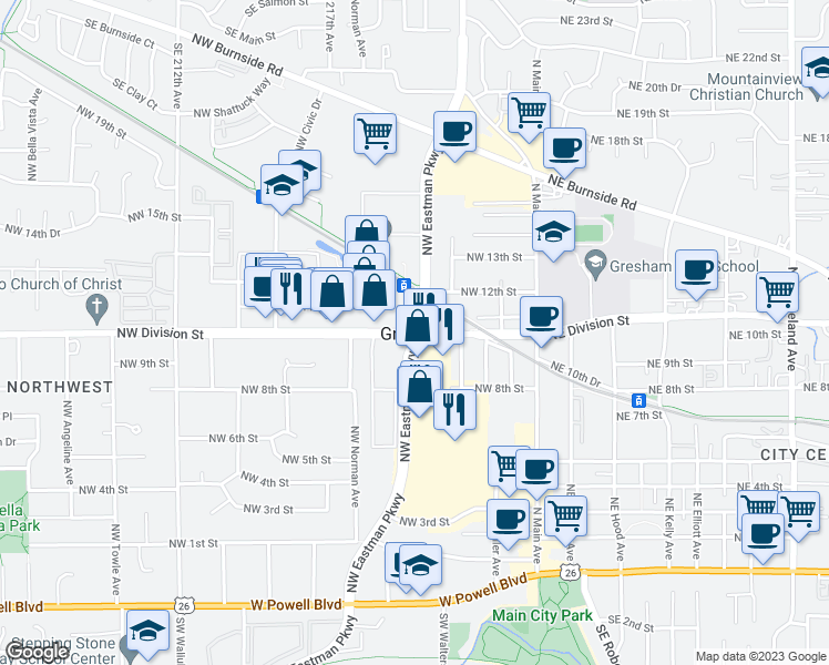 map of restaurants, bars, coffee shops, grocery stores, and more near in Gresham