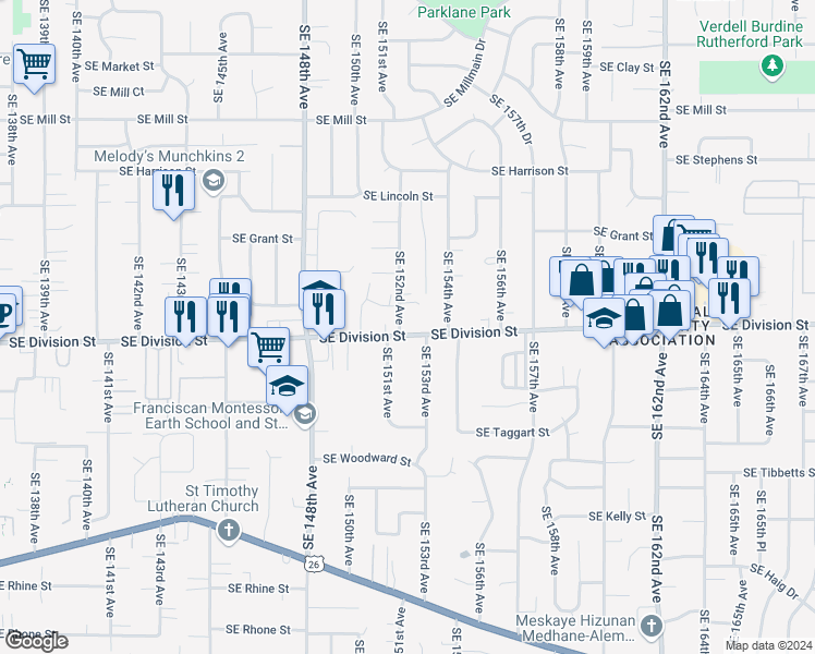 map of restaurants, bars, coffee shops, grocery stores, and more near 15216 Southeast Division Street in Portland