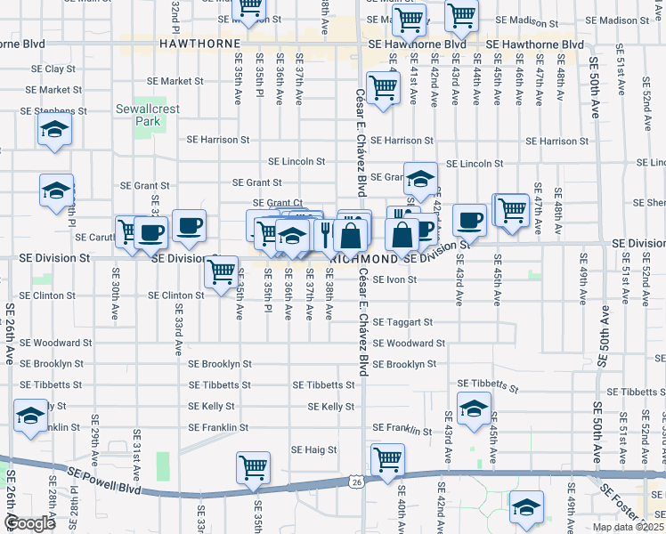 map of restaurants, bars, coffee shops, grocery stores, and more near 3840 Southeast Ivon Street in Portland