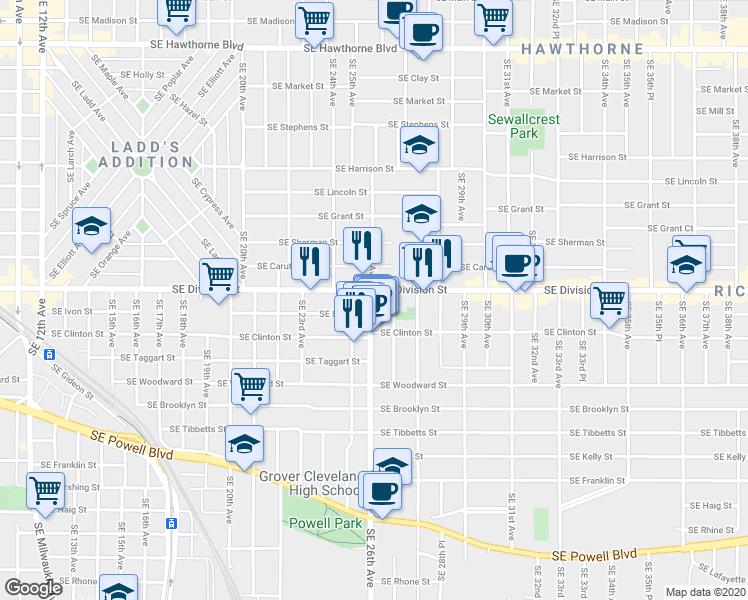 map of restaurants, bars, coffee shops, grocery stores, and more near 2520 Southeast Ivon Street in Portland