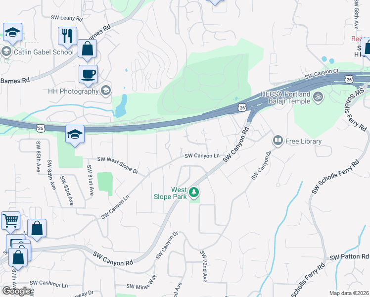 map of restaurants, bars, coffee shops, grocery stores, and more near 7277 Southwest Canyon Lane in Portland