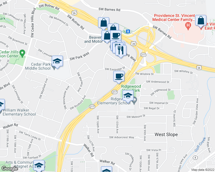 map of restaurants, bars, coffee shops, grocery stores, and more near 10480 Southwest Eastridge Street in Portland