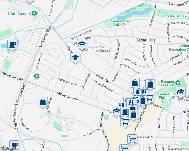 map of restaurants, bars, coffee shops, grocery stores, and more near 13430 Southwest Brightwood Street in Beaverton