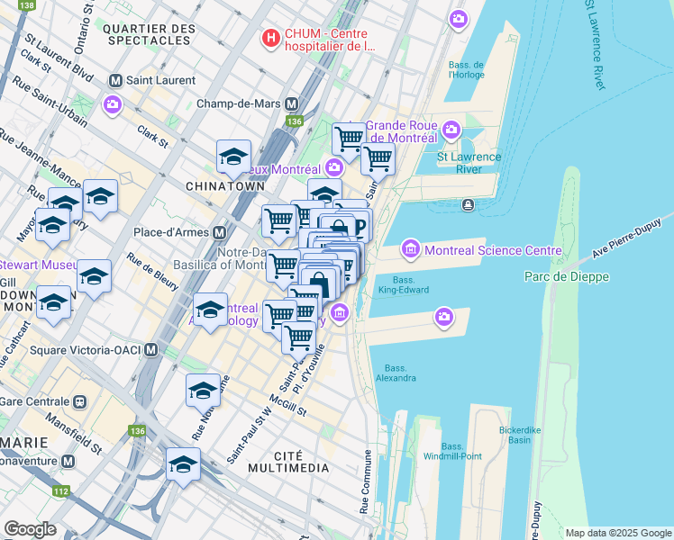 map of restaurants, bars, coffee shops, grocery stores, and more near 64 Rue Saint-Paul Ouest in Montréal