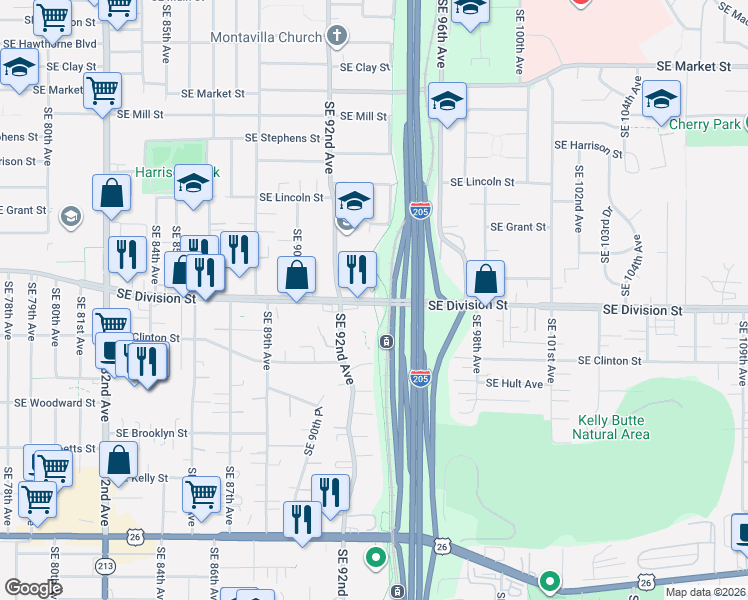 map of restaurants, bars, coffee shops, grocery stores, and more near Southeast Division Street in Portland