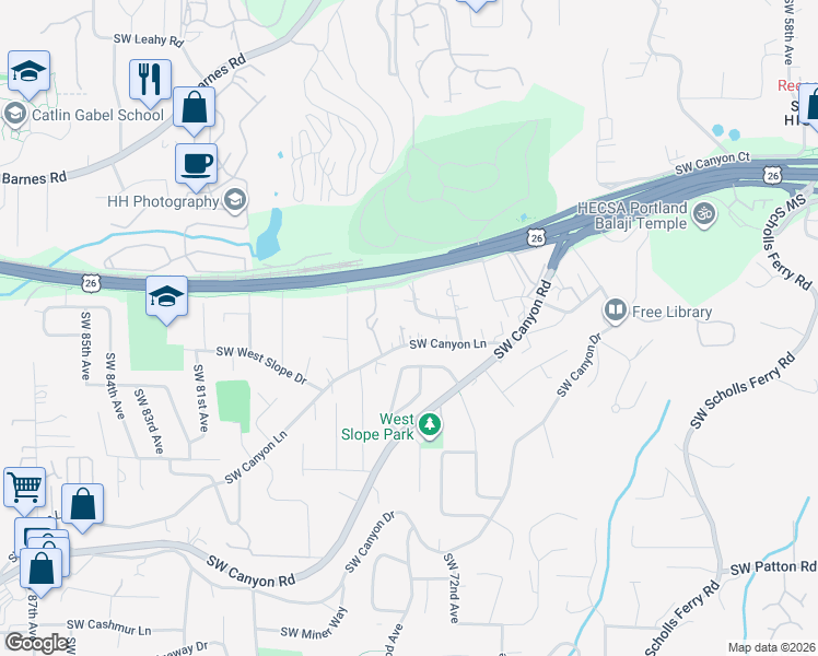 map of restaurants, bars, coffee shops, grocery stores, and more near 7277 Southwest Canyon Lane in Portland
