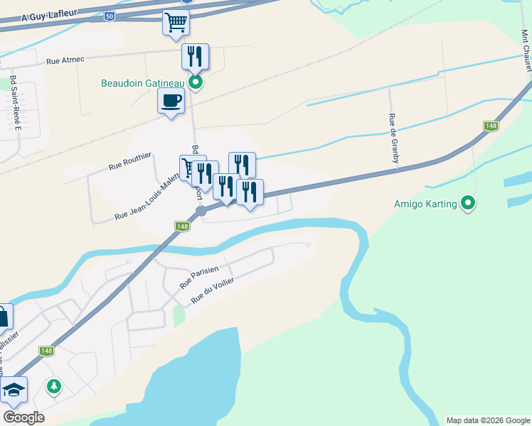 map of restaurants, bars, coffee shops, grocery stores, and more near 1695 Rue Schryer in Gatineau