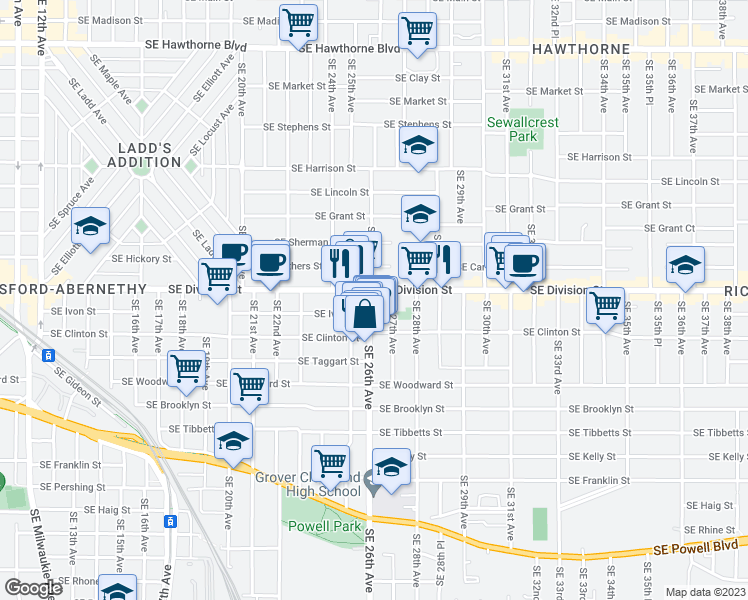 map of restaurants, bars, coffee shops, grocery stores, and more near 2520 Southeast Ivon Street in Portland