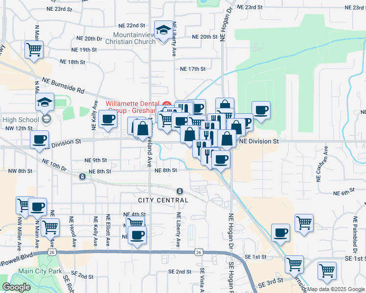 map of restaurants, bars, coffee shops, grocery stores, and more near 1480 Northeast Burnside Road in Gresham