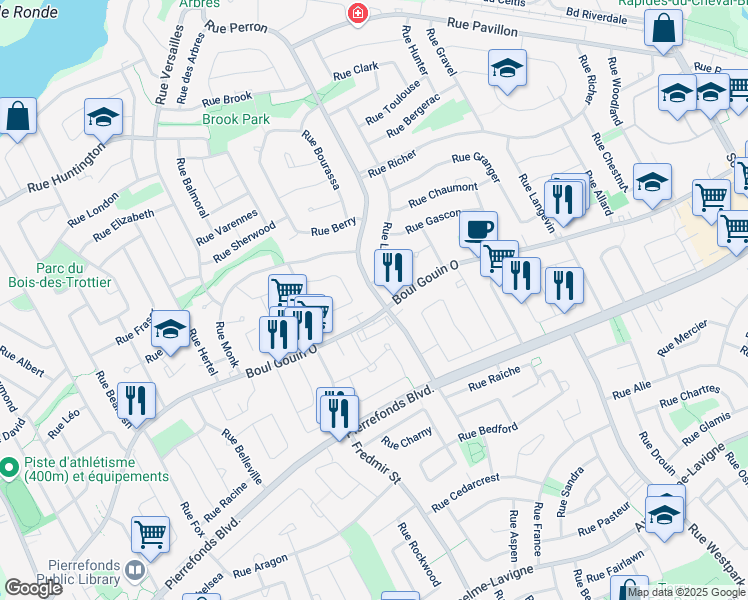 map of restaurants, bars, coffee shops, grocery stores, and more near 5004 Rue Perron in Montréal