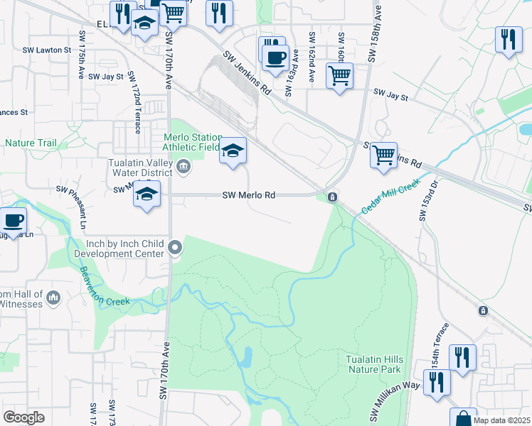 map of restaurants, bars, coffee shops, grocery stores, and more near 2024 Southwest Merlo Court in Beaverton