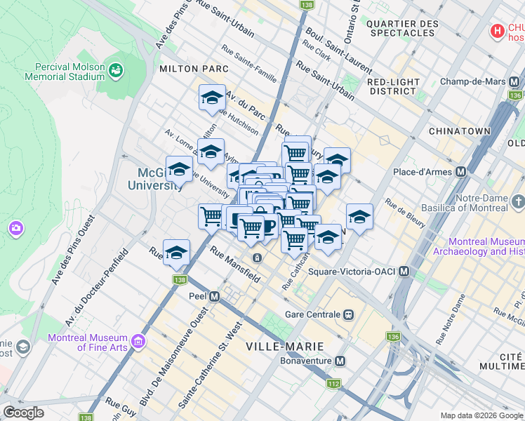 map of restaurants, bars, coffee shops, grocery stores, and more near 2001 Boulevard Robert-Bourassa in Montréal
