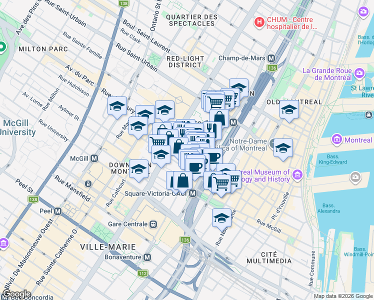 map of restaurants, bars, coffee shops, grocery stores, and more near 1090 Rue de Bleury in Montréal