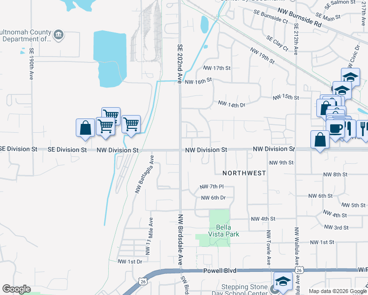 map of restaurants, bars, coffee shops, grocery stores, and more near 940 Northwest Wonderview Court in Gresham