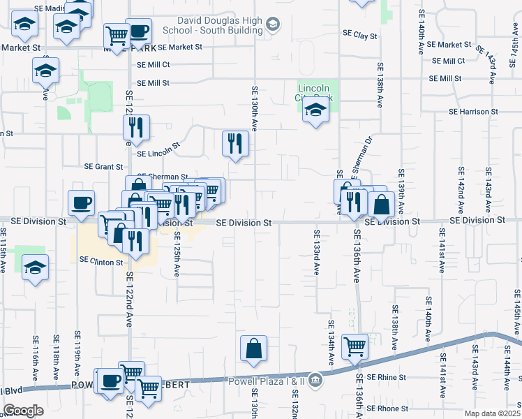 map of restaurants, bars, coffee shops, grocery stores, and more near 13042 Southeast Division Street in Portland