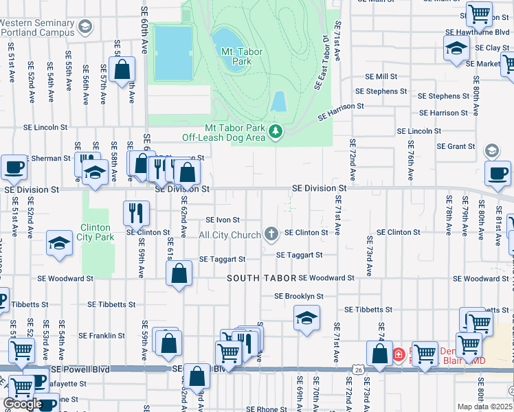 map of restaurants, bars, coffee shops, grocery stores, and more near 6635 Southeast Ivon Street in Portland