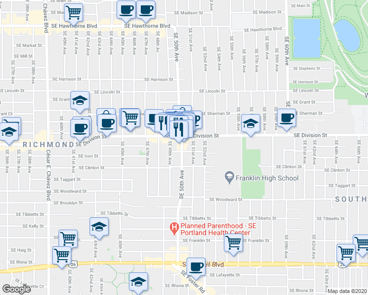 map of restaurants, bars, coffee shops, grocery stores, and more near 2626 Southeast 49th Avenue in Portland