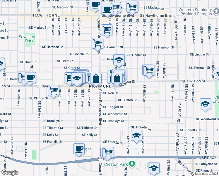 map of restaurants, bars, coffee shops, grocery stores, and more near 3924 Southeast Ivon Street in Portland