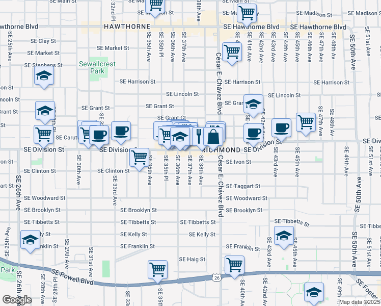 map of restaurants, bars, coffee shops, grocery stores, and more near 2550 Southeast 37th Avenue in Portland