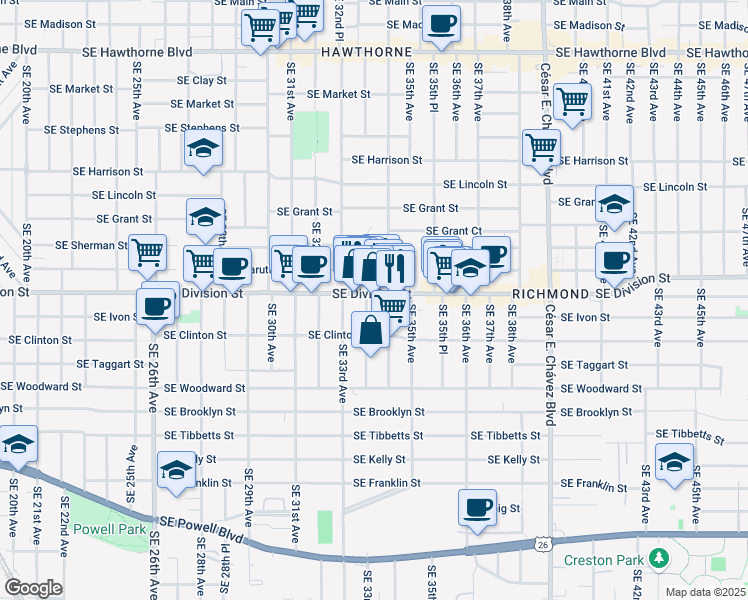 map of restaurants, bars, coffee shops, grocery stores, and more near 2600 Southeast 34th Avenue in Portland