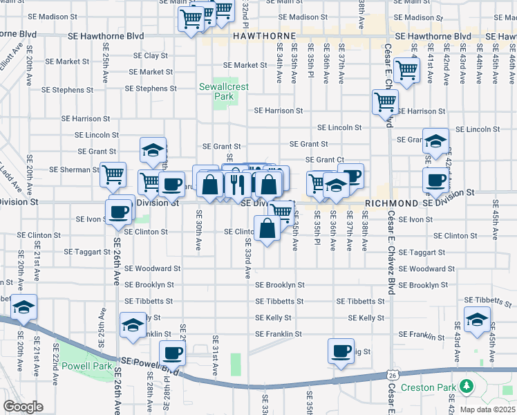 map of restaurants, bars, coffee shops, grocery stores, and more near 2601 Southeast 33rd Place in Portland
