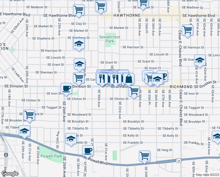 map of restaurants, bars, coffee shops, grocery stores, and more near 2546 Southeast 32nd Avenue in Portland