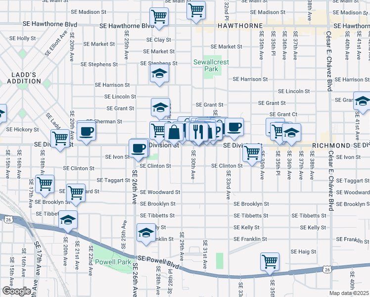 map of restaurants, bars, coffee shops, grocery stores, and more near 2606 Southeast 29th Avenue in Portland