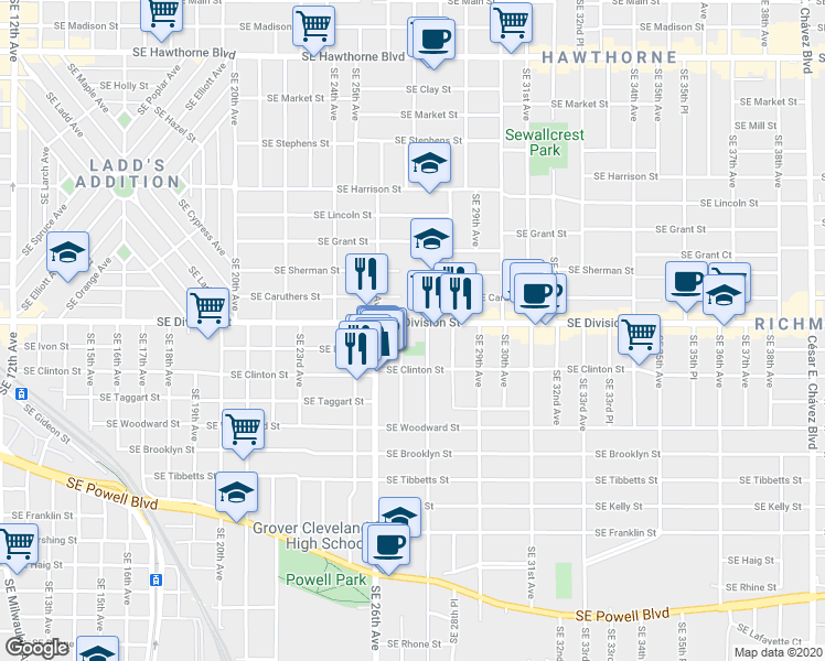 map of restaurants, bars, coffee shops, grocery stores, and more near 2715 Southeast Clinton Street in Portland