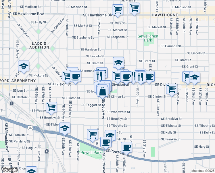 map of restaurants, bars, coffee shops, grocery stores, and more near 2715 Southeast Clinton Street in Portland