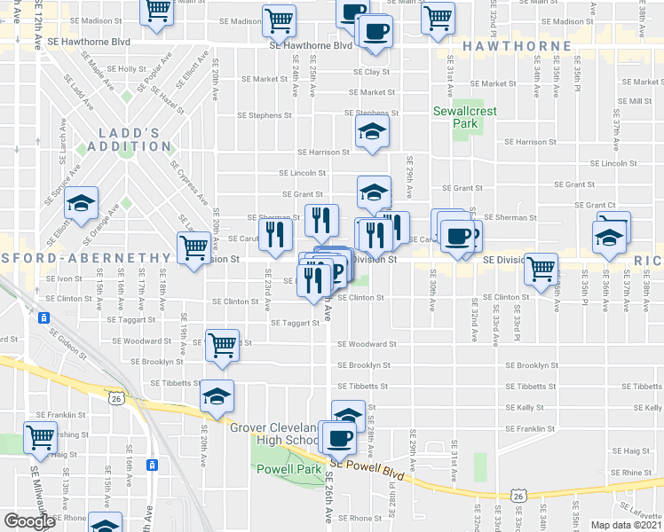 map of restaurants, bars, coffee shops, grocery stores, and more near 2520 Southeast Ivon Street in Portland