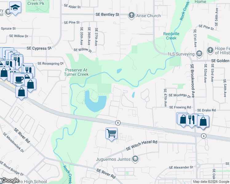 map of restaurants, bars, coffee shops, grocery stores, and more near 2117 Southeast 40th Avenue in Hillsboro