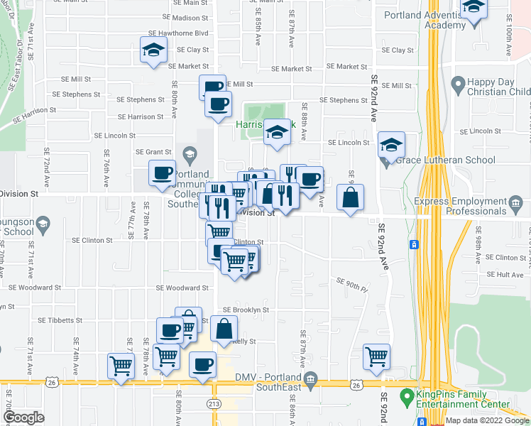 map of restaurants, bars, coffee shops, grocery stores, and more near SE Division St & SE 85th Ave in Portland