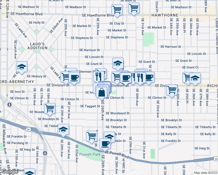 map of restaurants, bars, coffee shops, grocery stores, and more near 2680 Southeast Division Street in Portland