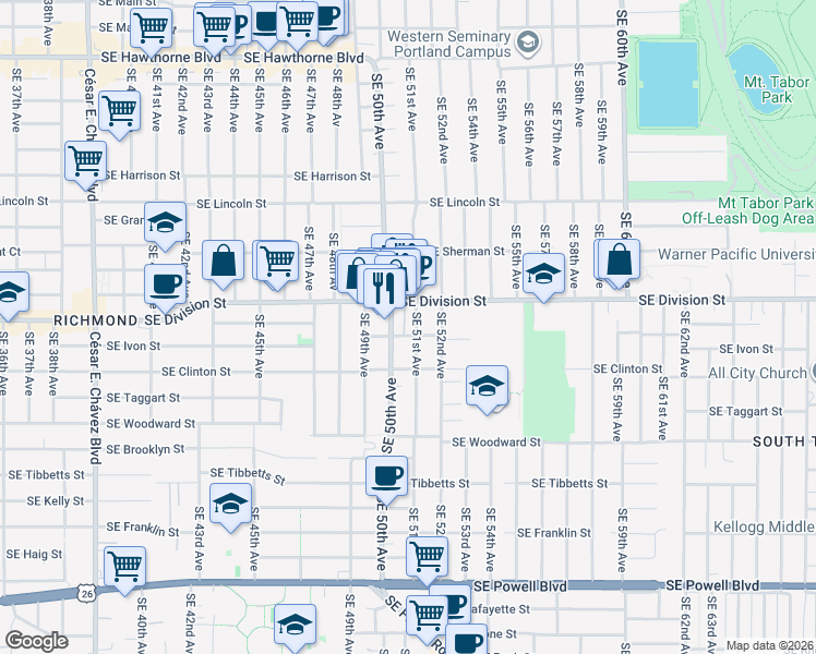 map of restaurants, bars, coffee shops, grocery stores, and more near 2515 Southeast 51st Avenue in Portland