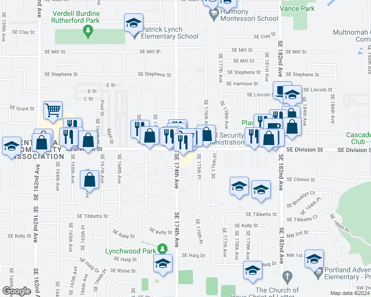map of restaurants, bars, coffee shops, grocery stores, and more near 17441 Southeast Division Street in Portland
