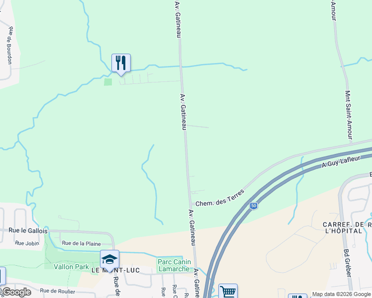 map of restaurants, bars, coffee shops, grocery stores, and more near Avenue Gatineau in Gatineau