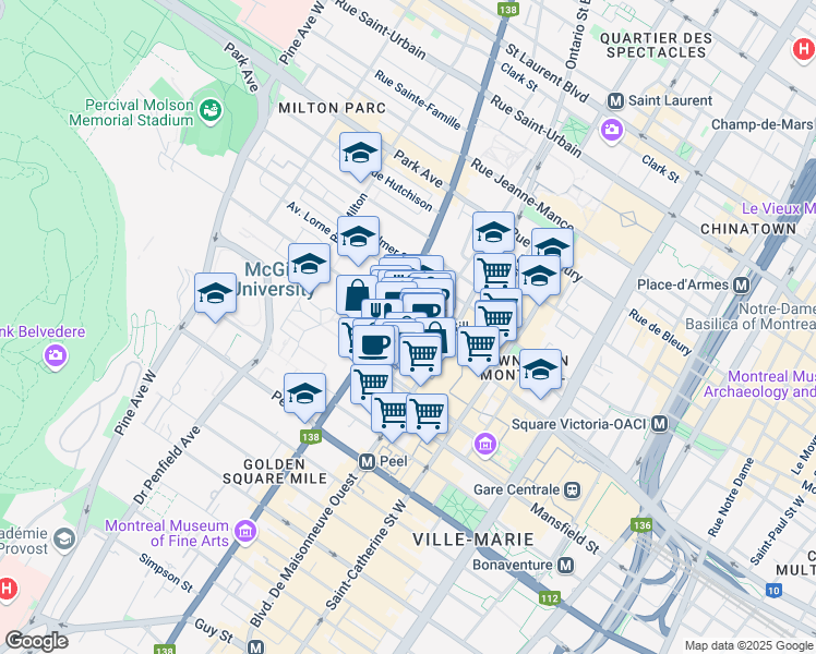 map of restaurants, bars, coffee shops, grocery stores, and more near 680 Rue Sherbrooke Ouest in Montréal
