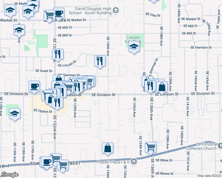 map of restaurants, bars, coffee shops, grocery stores, and more near 13042 Southeast Division Street in Portland