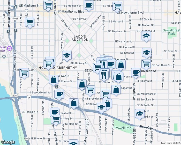 map of restaurants, bars, coffee shops, grocery stores, and more near 2614 Southeast 18th Avenue in Portland