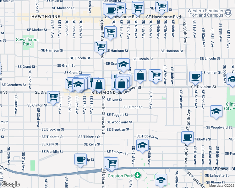 map of restaurants, bars, coffee shops, grocery stores, and more near in Portland