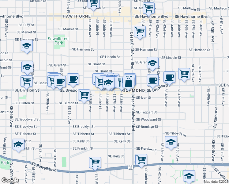 map of restaurants, bars, coffee shops, grocery stores, and more near 2509 Southeast 37th Avenue in Portland