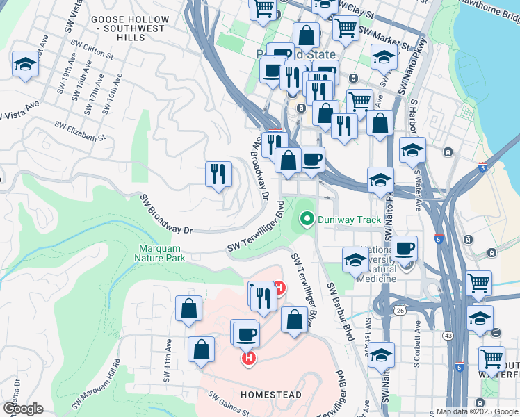 map of restaurants, bars, coffee shops, grocery stores, and more near 2545 Southwest Terwilliger Boulevard in Portland