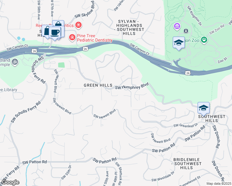 map of restaurants, bars, coffee shops, grocery stores, and more near 4848 Southwest Humphrey Boulevard in Portland