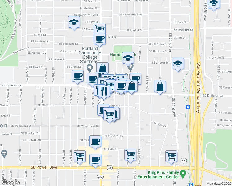 map of restaurants, bars, coffee shops, grocery stores, and more near Southeast Division Street & Southeast 84th Avenue in Portland