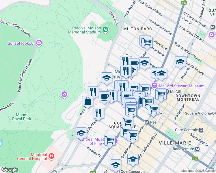 map of restaurants, bars, coffee shops, grocery stores, and more near 845 Rue Sherbrooke Ouest in Montréal