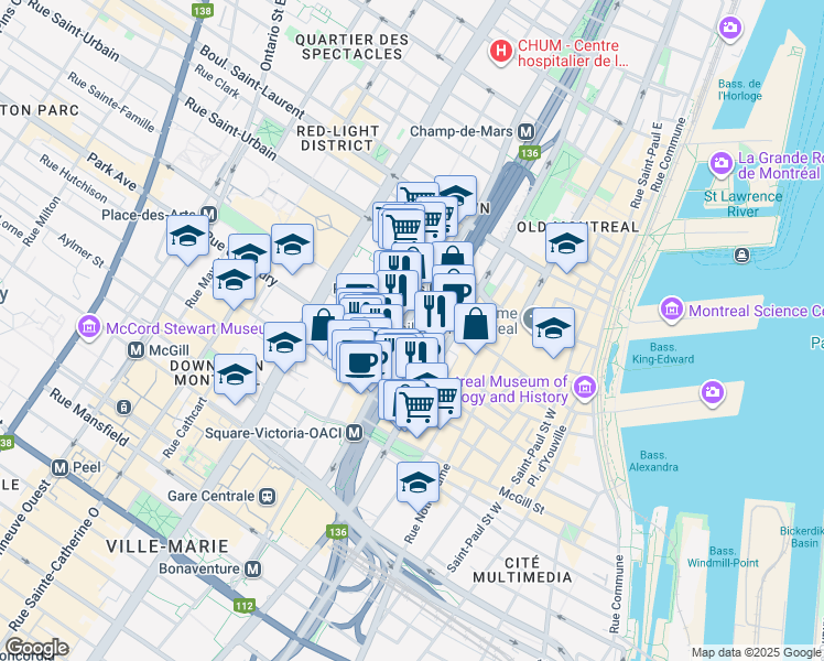 map of restaurants, bars, coffee shops, grocery stores, and more near in Montreal