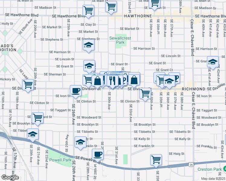 map of restaurants, bars, coffee shops, grocery stores, and more near 2553 Southeast 31st Avenue in Portland